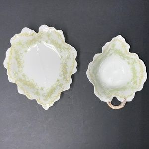 Vintage 2 Piece 1910s Limoges Elite Works Green Leaf Shaped Gravy Bowl & Plate